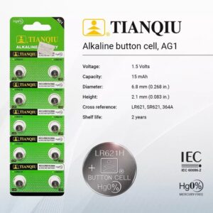Опаковка с бутонни алкални батерии "TianQIU" AG1, подходящи за часовници и други малки електронни устройства, с напрежение 1.5V и капацитет 15 mAh.