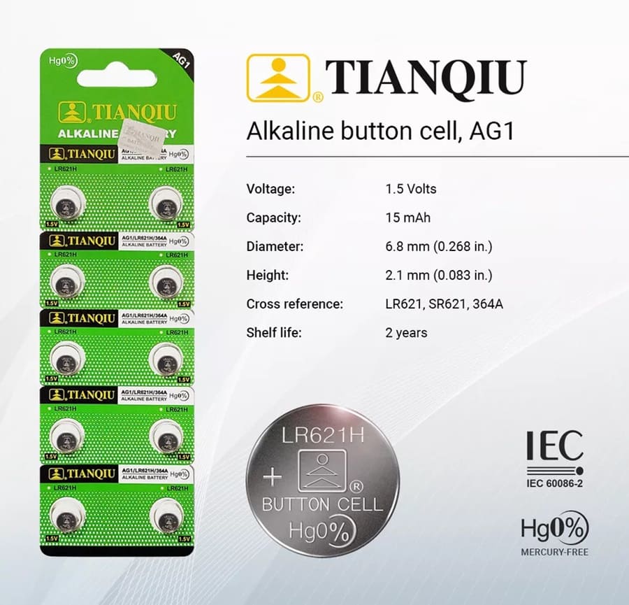 Опаковка с бутонни алкални батерии "TianQIU" AG1, подходящи за часовници и други малки електронни устройства, с напрежение 1.5V и капацитет 15 mAh.