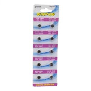 Малка бутонна алкална батерия AG11 с напрежение 1.50V, предназначена за захранване на електронни устройства като часовници и калкулатори.