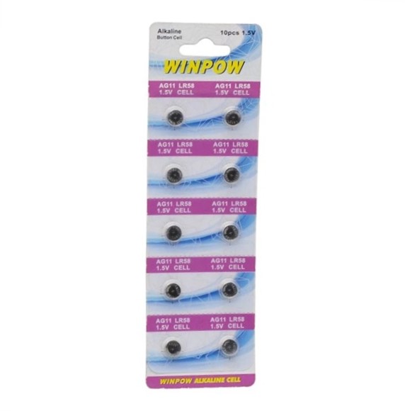 Малка бутонна алкална батерия AG11 с напрежение 1.50V, предназначена за захранване на електронни устройства като часовници и калкулатори.