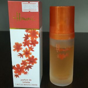 Дамски парфюм Hawaii Parfum de Toilette, 55 мл, с екзотичен дизайн и цветя в червено и оранжево върху опаковката.