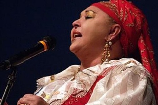 Есма Реджепова, облечена в традиционна ромска носия, пее на сцената с микрофон в ръка.0