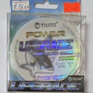 Монофилно риболовно влакно TIMES POWER UPGRADE – 100 м, диаметър 0.16 мм, 5 lbs, с прозрачна опаковка и холограмен етикет.