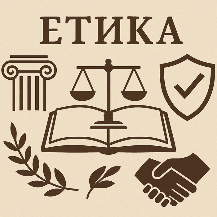 Илюстрация, представяща основни символи на етиката: везни на справедливостта, антична колона, ръка на помощта и щит със знак за честност.1