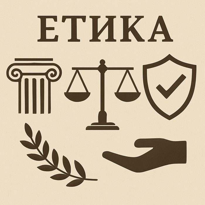 Илюстрация, представяща основни символи на етиката: везни на справедливостта, антична колона, ръка на помощта и щит със знак за честност.2