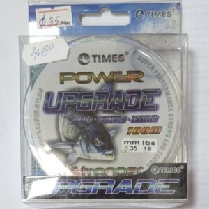 TIMES POWER UPGRADE – монофилно риболовно влакно с диаметър 0.35 мм и здравина 16 lbs, в холограмна опаковка с изображение на риба и етикет с цена 4.80 лв.