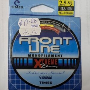 Риболовна корда TIMES Front Line Xtreme Strong 100 метра, 0.261 мм, 10LB, за морски риболов, в синя опаковка с етикет за цена и дебелина.
