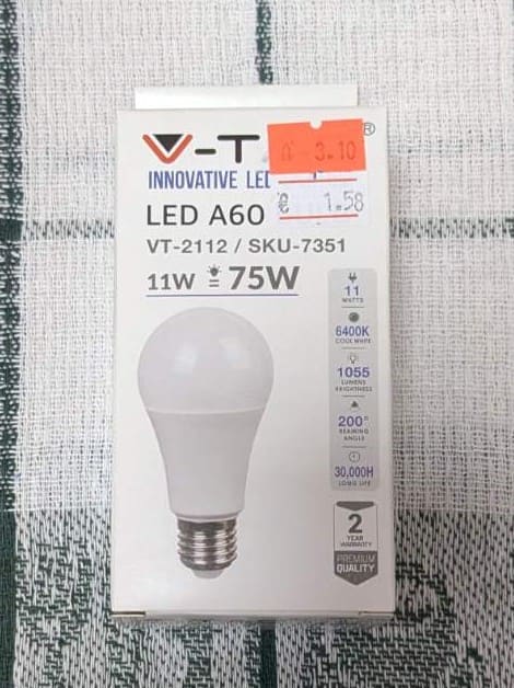 LED крушка V-TAC A60 11W = 75W, E27, 220V