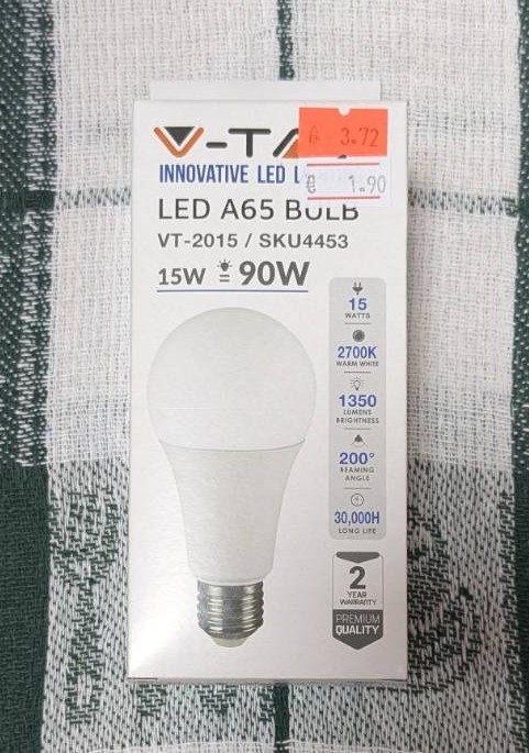 LED крушка V-TAC A65 15W = 90W, E27, 220-240V