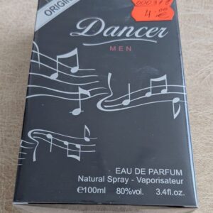 Мъжки парфюм Dancer Men 100 ml Eau de Parfum в черна кутия с музикални ноти, подходящ за подарък и ежедневна употреба.
