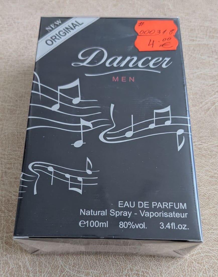 Мъжки парфюм Dancer Men 100 ml Eau de Parfum в черна кутия с музикални ноти, подходящ за подарък и ежедневна употреба.